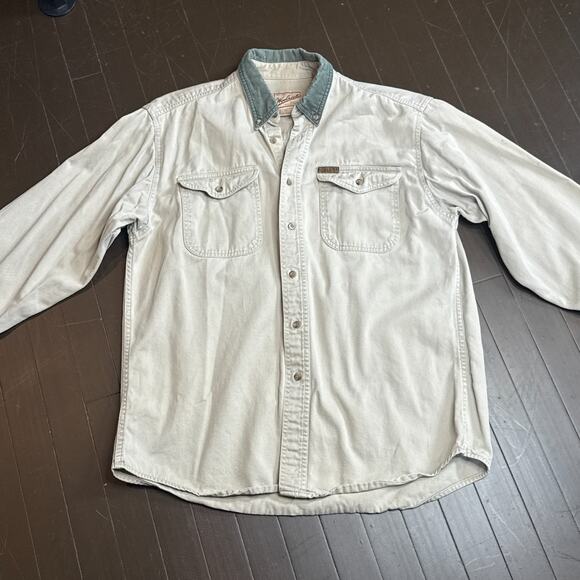 Vintage Woolrich Men’s L Outdoor Work Shirt 100% Cotton Twill Khaki Button-Up - Picture 6 of 10